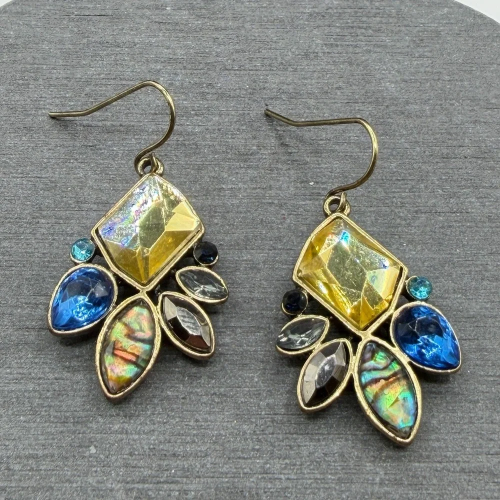 Multicolor Rhinestone Abalone Look Gold Tone Dangle Earrings Boho Statement